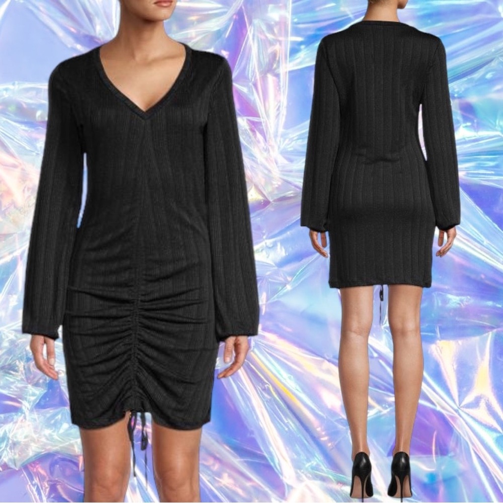 NWT Lea & Viola V-Neck Ruched Ribbed Adjustable Metallic Black Mini Dress Medium